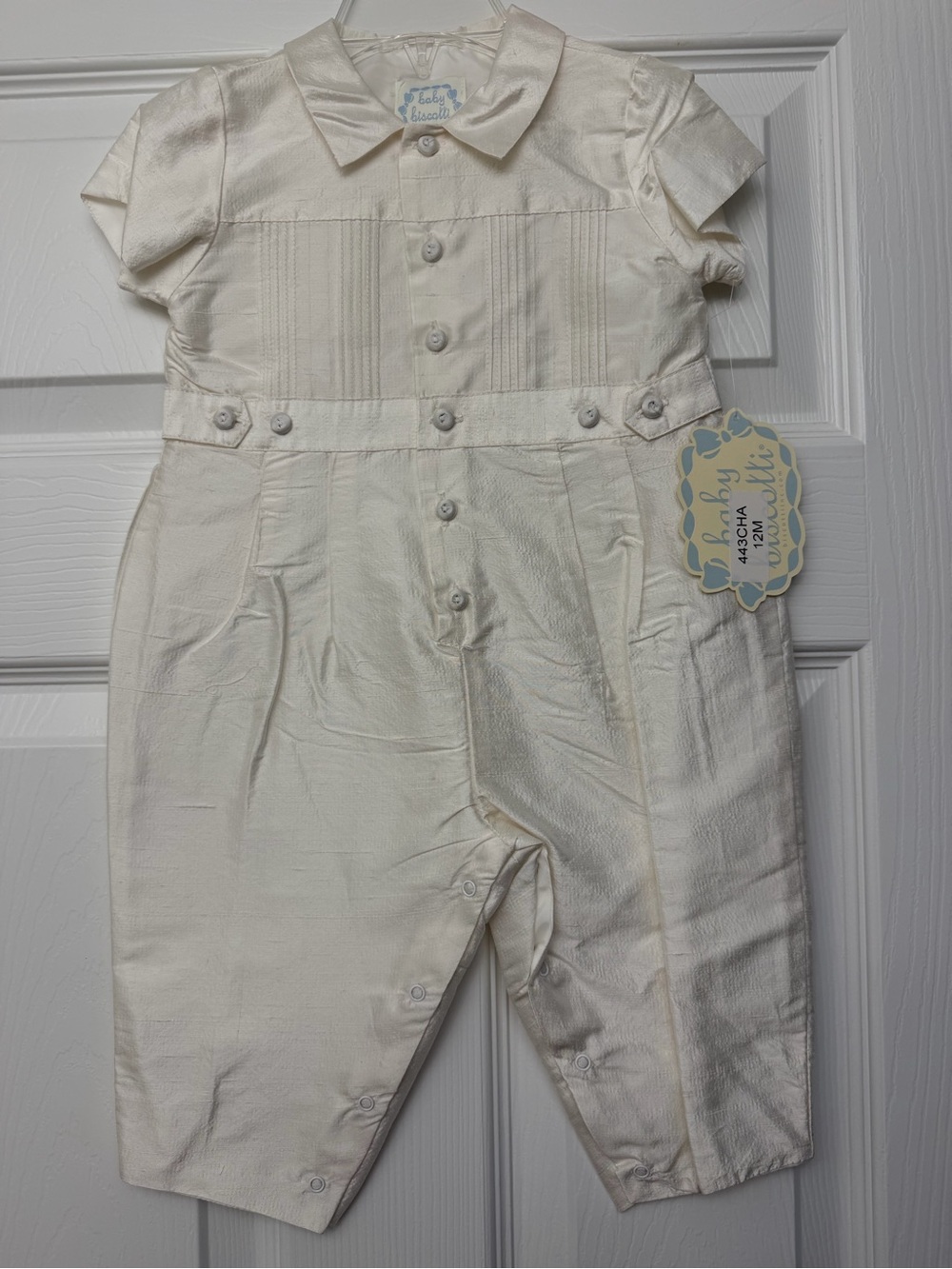 NWT Baby Biscotti Christening Romper 12M Ivory Silk Pintuck Button Baptism